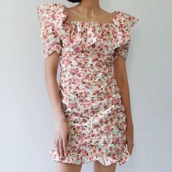 Zara Pink Floral White Ruffled & Ruched Mini Dress SIZE SMALL - Picture 1 of 5